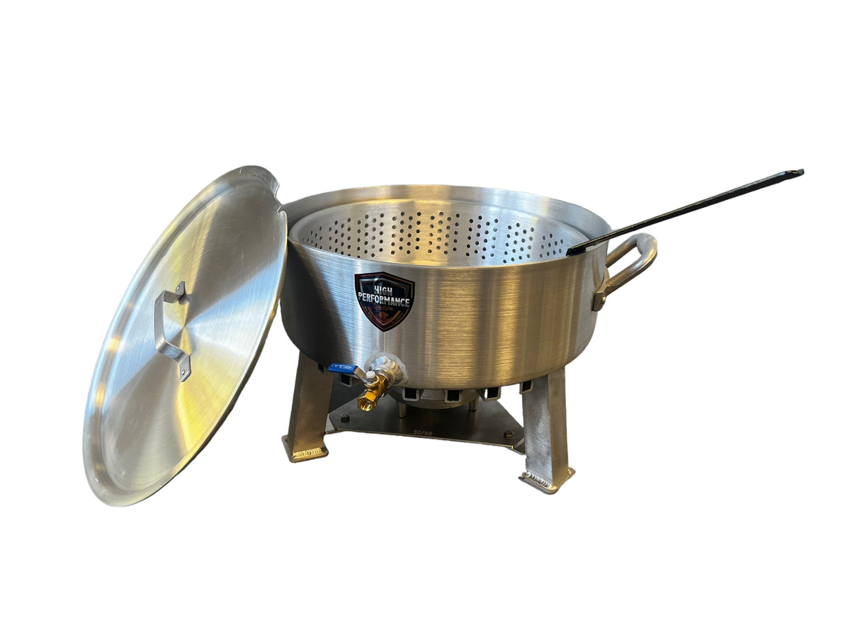 High Performance Cookers 18 qt. Fish Fryer and Brazier Powered Pot with Basket, Lid, 6 in. Banjo Burner, Built-in Stand and 10 PSI Regulator