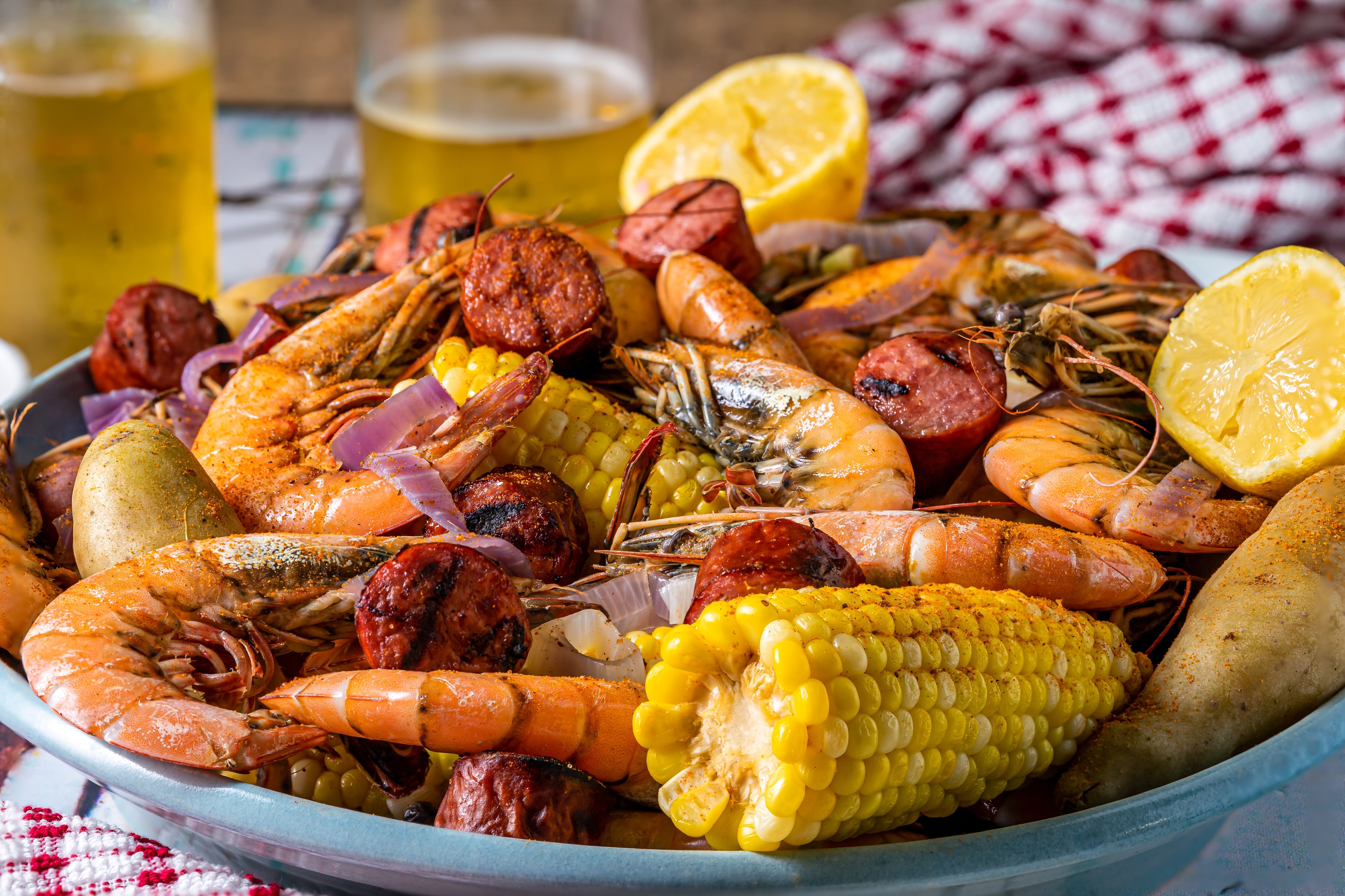 An appetizing low country boil with shrimp, sausage, corn, and potatoes