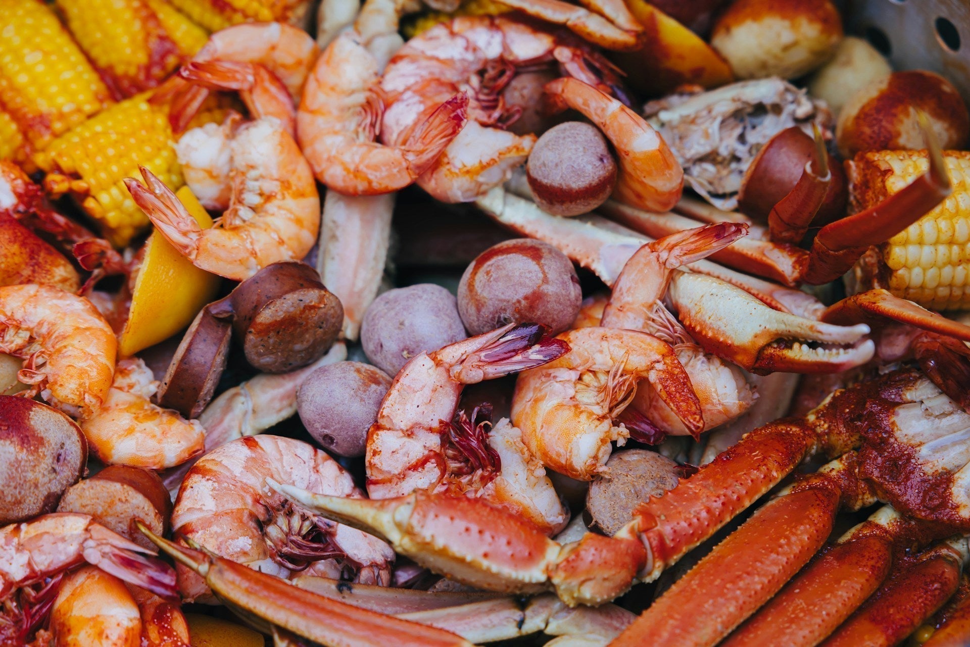 A mix of seafood boil ingredients