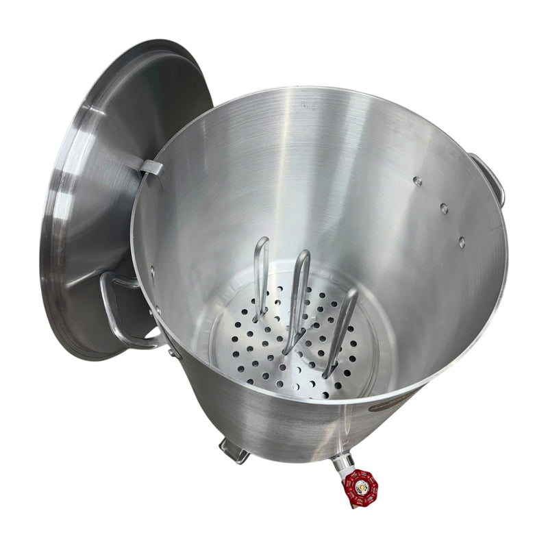 Top-down view of the 60 QT turkey fryer with the dual turkey rack inside