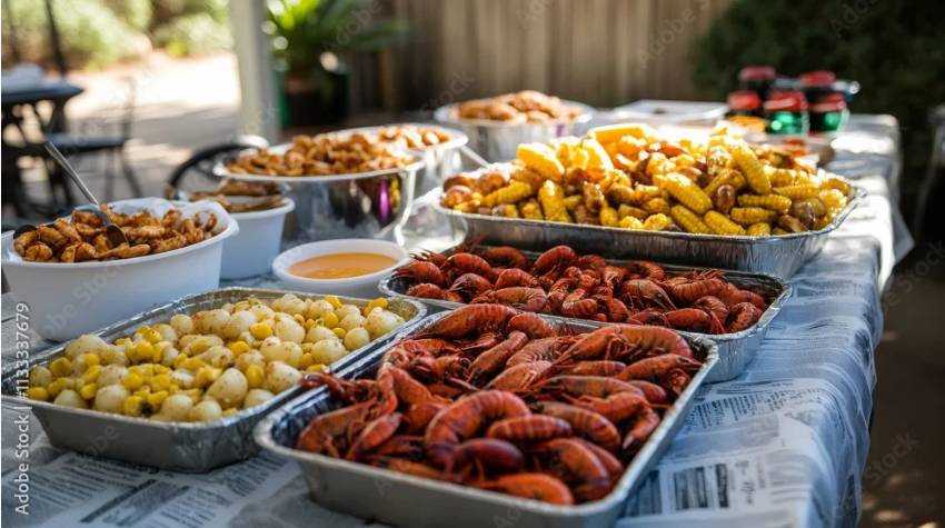 Seafood boil foods on a dish, separated by type of seafood