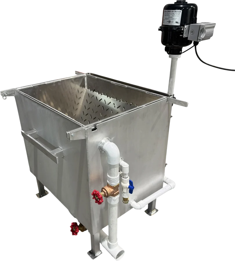 Crawcuzzi automatic crawfish cleaner with its air blower, fill valve and drain