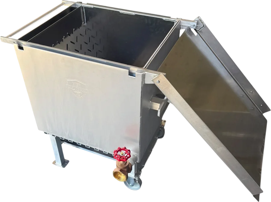 40 gallon commercial boiler with the flip basket down in the pot, lid open