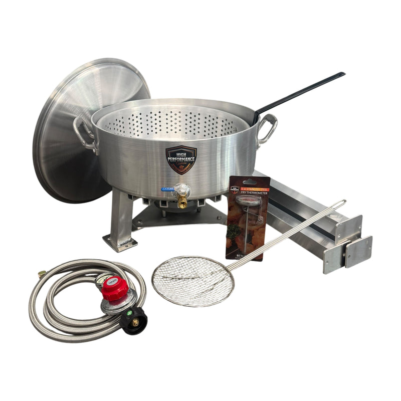 Tailgate Fry Kit: 18 QT powered fish fryer with lid, basket, leg extensions, 5-inch fry thermometer, skimmer, hose and regulator