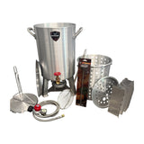 Turkey Fry Kit (one-bird): 30 QT powered turkey fryer with lid, basket, turkey rack, wind shield, 12-inch fry thermometer, skimmer, hose and regulator