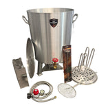 Turkey Fry Kit (two-bird): 60 QT powered turkey fryer with lid, dual turkey rack, wind shield, 12-inch fry thermometer, skimmer, hose and regulator
