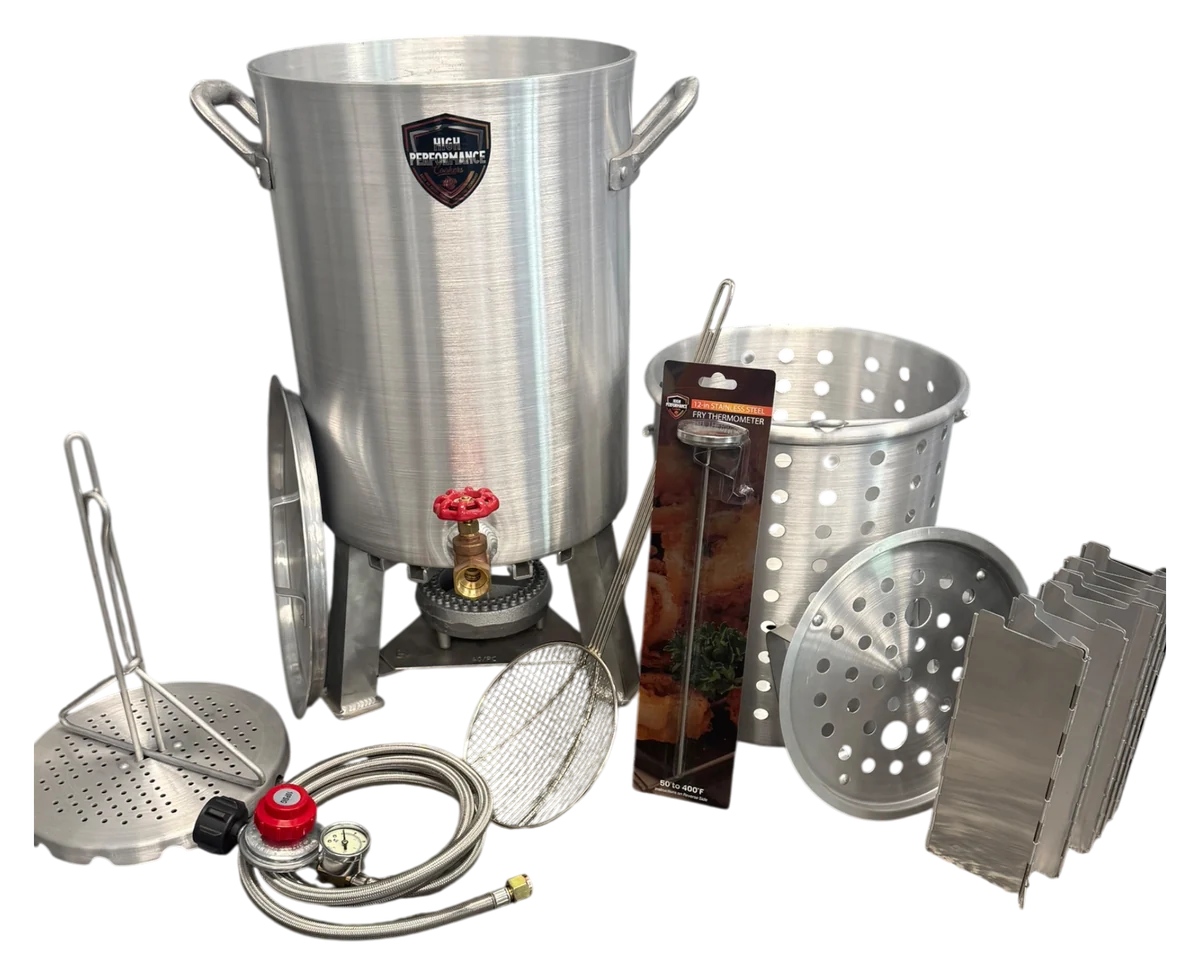 Turkey Fry Kit, one-bird: 30 QT turkey fryer with basket, steamer rack, turkey rack, Wind Shield, 12-inch thermometer, skimmer, hose and regulator