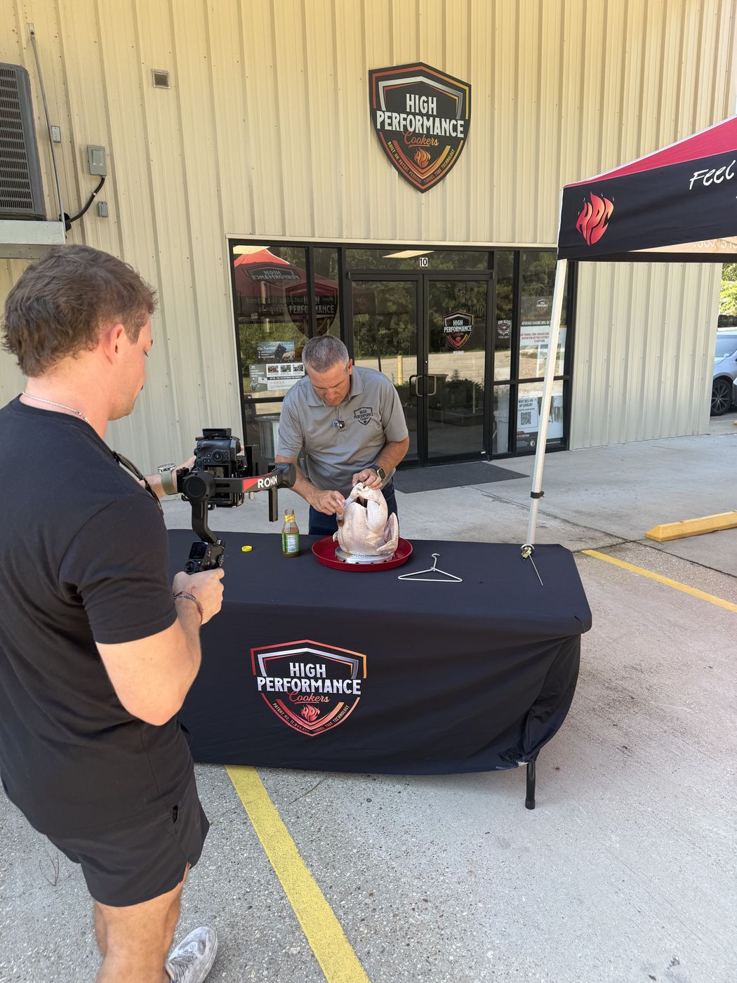 Frying a turkey for the camera in front of the HPC shop in Covington, Louisiana